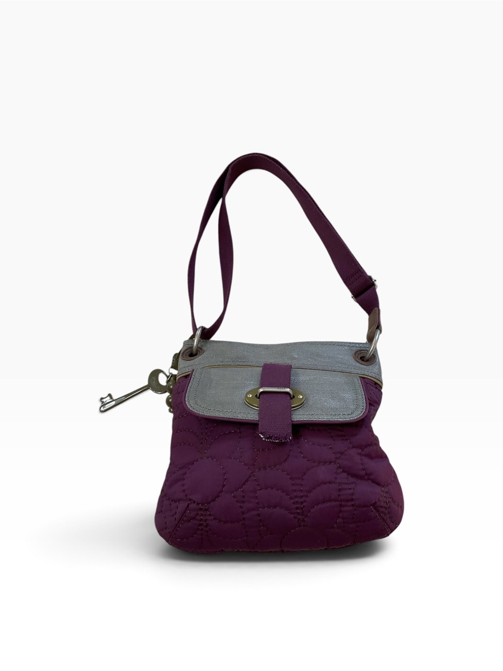 Fossil Key Quilted Plum Adjustable Shoulder Bag with Silver Flap Y2K